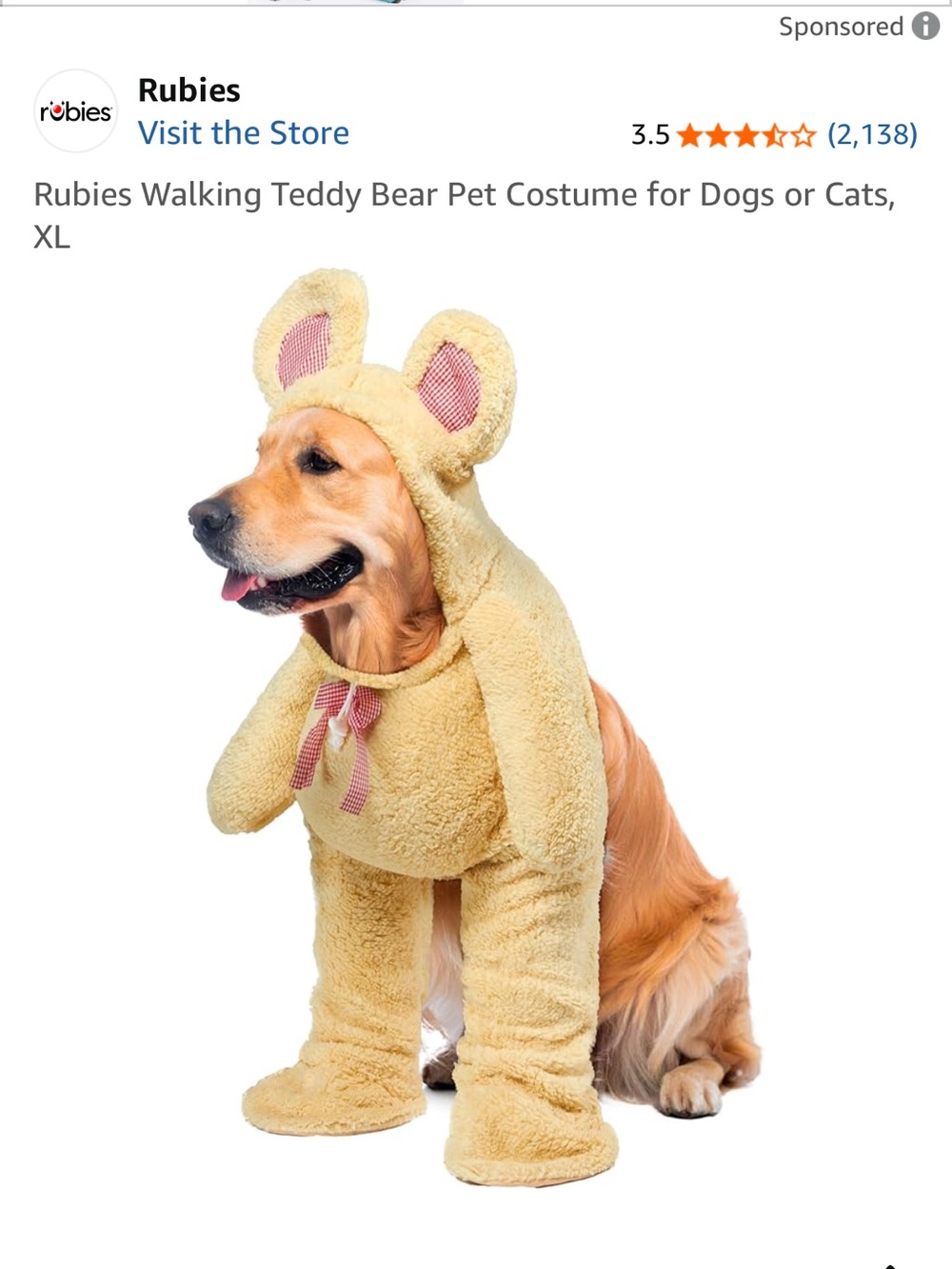 Rubie's Plush Teddy Bear Dog Costume in Tan with Red Gingham Bow - Picture 4 of 6